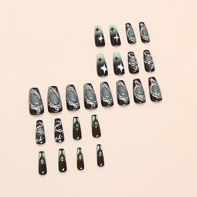 24Pcs Square Press on Nails Medium Punk Fake Nails Green Black Gradient 3D Acrylic Nails Luxury Gems Design Y2k Coffin Glue on Nails Snake Charms False Nails Flame Star Stick on Nails Decoration