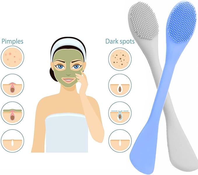 2 in 1 Facial Cleansing Brush&Silicone Face Mask Applicator, 2PCS Face Mask Brush Face Scrubber for Exfoliating, Massaging, Remove Blackheads, Applicator for Mud, Body Lotion, DIY Mask, Blue & Grey