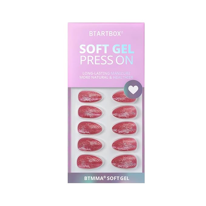 BTArtbox Press On Nails Short - 3D Sculpting Red Cat Eye Almond Press On Nails with Glue for Women, Opaque Soft Gel Glue On Nails in 16 Sizes - 32 Stick On Nails Kit, Crystal Wave