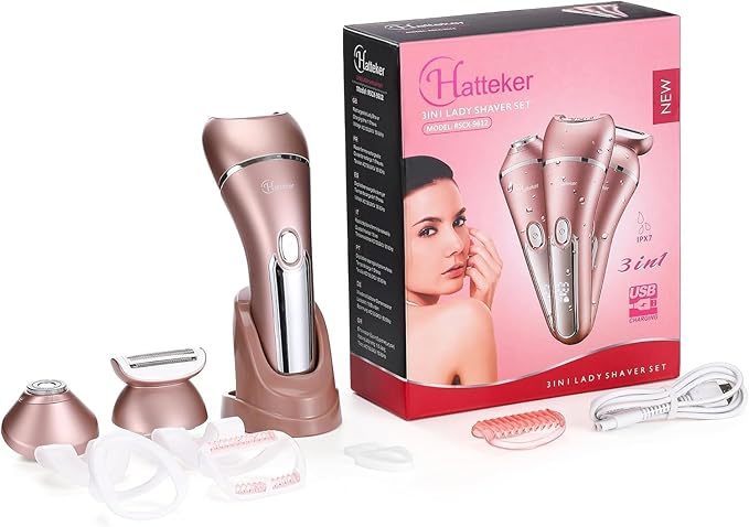 Hatteker Electric Shaver for Women Lady Epilator Electric Razors Kit Hair Remover for Face Chin Arm Leg Armpit Bikini Trimmer Painless Waterproof USB Rechargeable Dry Wet with Detachable Head 3 in 1