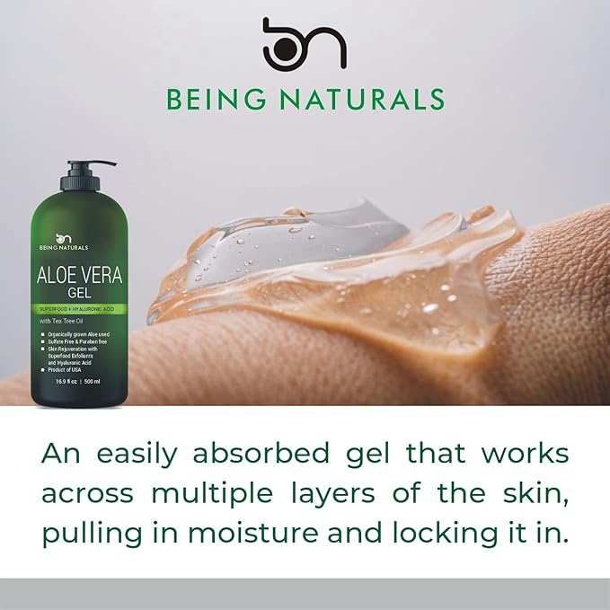 Being Naturals Aloe vera Gel - from 100% Pure Organic Aloe - Natural Raw Moisturizer for Face, Body, Hair. Perfect for Sunburn, Acne, Razor Bumps 16.9 fl oz (Tea Tree, Superfood, Hyaluronic Acid)