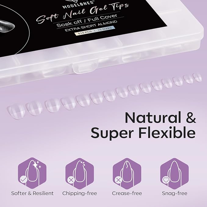 Modelones Extra Short Almond Fake Nail Tips - 510Pcs Gel Tips Pre-shaped Half Matte Full Cover Clear Acrylic Gel Kit False Press on Nails for Extension DIY Salon 15Sizes