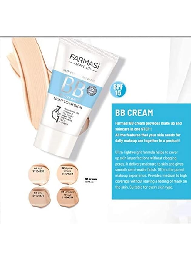 FARMASi Make Up BB Cream Beauty Balm, Full-Coverage Foundation, Concealer, Moisturizer BB Cream for All Skin Types, 1.7 fl. oz. / 50 ml (Light to medium)