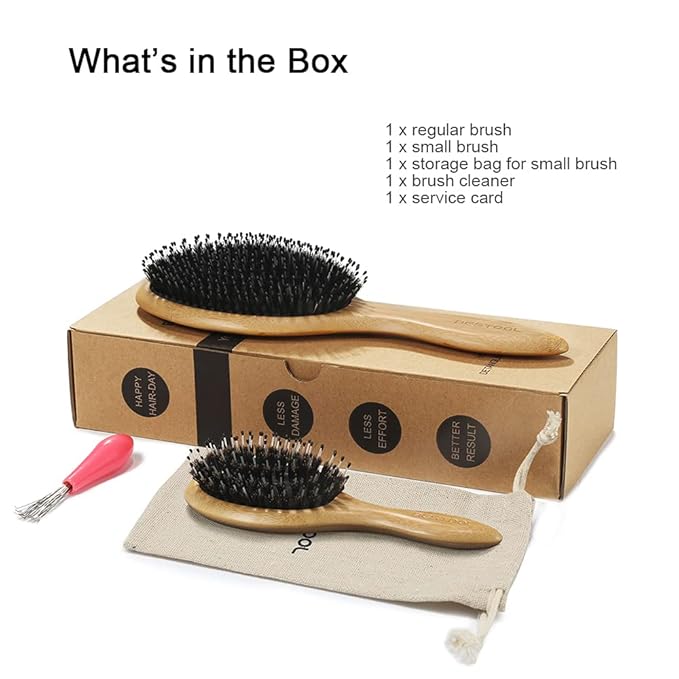 BESTOOL Hair Brush (Regular & Small), Boar Bristle Hair Brushes for Women Men Kids Thick Fine Curly Hair, Hairbrush for Detangling, Soften & Silky Shine