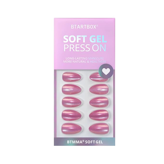 BTArtbox Press On Nails Short - Pink Cat Eye Almond Press On Nails with Glue for Women, Opaque Soft Gel Glue On Nails in 16 Sizes - 32 Stick On Nails Kit, Dreamy