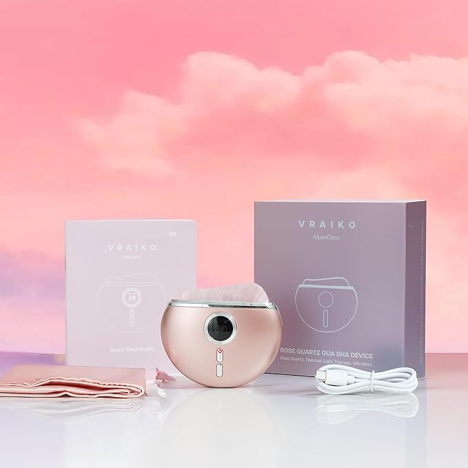 VRAIKO AlpenGlow Electric Gua Sha Device, Rose Quartz Gua Sha Facial Tools with Heat and Vibration, Gua Sha Face Massager for Lymphatic Drainage, Lift, Puffiness, Rejuvenation Natural Glow (Rose Gold)