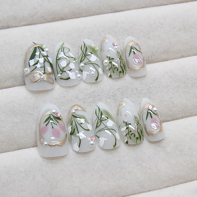 24Pcs Flower Press on Nails Medium Almond Fake Nails Tulip Orchid Design Artificial Acrylic Nails with 3D Rhinestones Pearl False Nails White Floral Glue on Nails Spring Stick on Nails Kit for Women