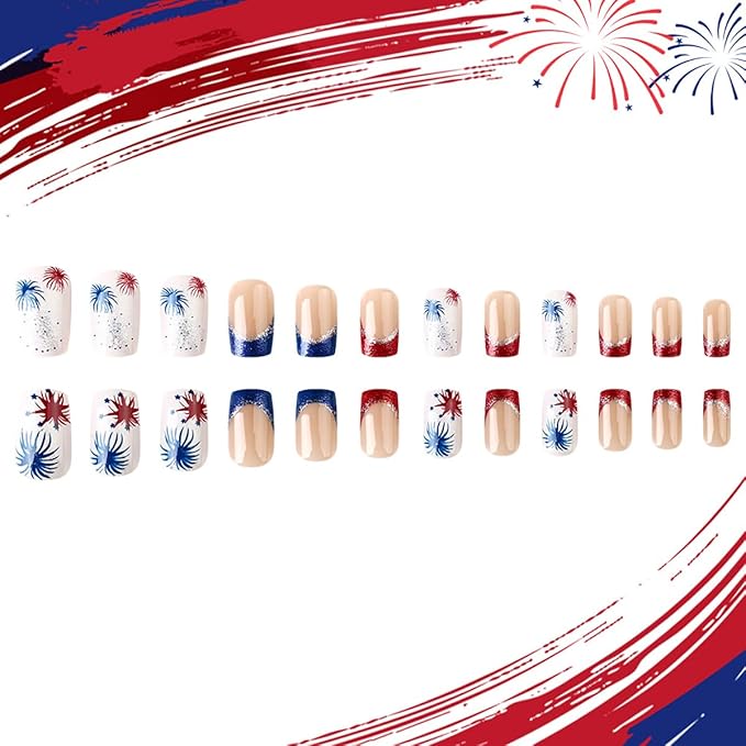 24Pcs Independence Day Press on Nails Medium French Tip Fake Nails Glitter Firework Full Cover Square Glue on Nails 4th of July Acrylic Nails Patriotic False Nails French Artificial Stick on Nails