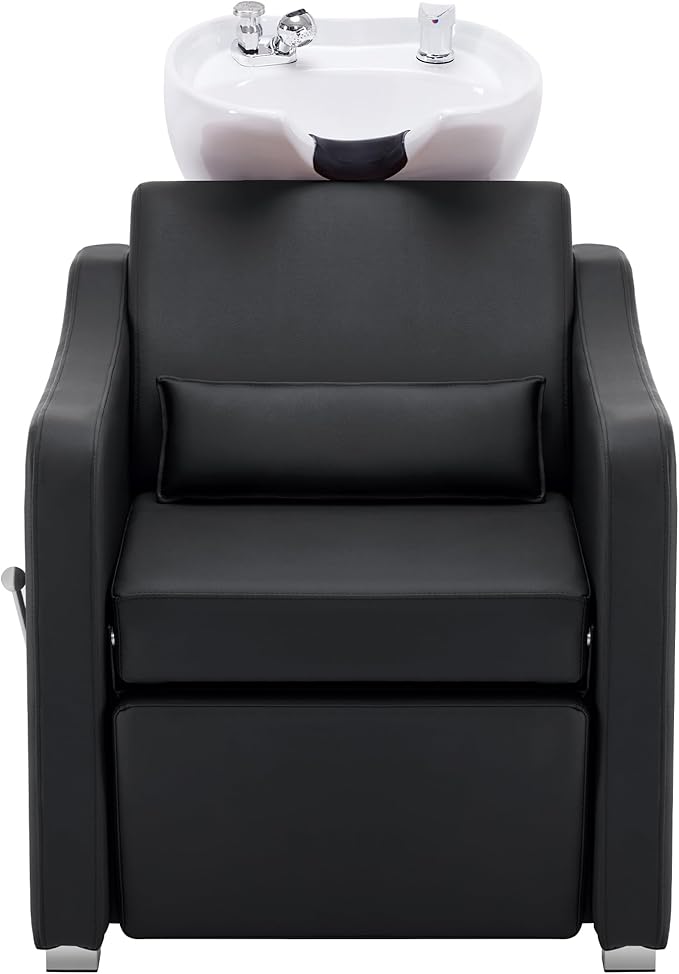 BarberPub Backwash Shampoo Station Chair, Adjustable Porcelain Ceramic Hair Wash Bowl with Chair, Shampoo Station for Barber Shop, Spa Beauty Salon Equipment 9364 (Black)