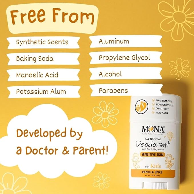 MONA BRANDS 100% Natural Deodorant for Kids | For Girls & Boys | Sensitive Skin | No Baking Soda | No Aluminum | Vegan, Non-GMO, Gluten and Cruelty free (VANILLA SPICE 1.76 Oz)