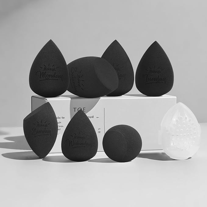 Real Perfection Makeup Sponge Set Blender Sponges, Latex-Free Beauty Makeup Sponges 7 pcs with 1 Travel Container Case for Blending Foundation Liquid Cream and Powder (Black)