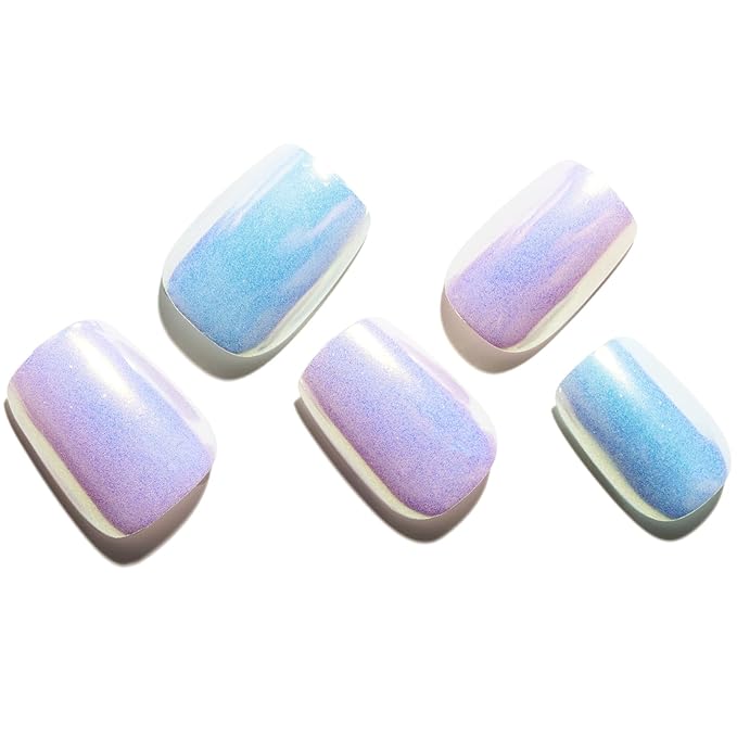 GLAMERMAID Press on Nails Extra Short Square, Purple Blue Chrome Spring Summer Handmade Gel Glue on Nails, Glossy Fake Nails Reusable Acrylic False Nails Manicure Kits for Women