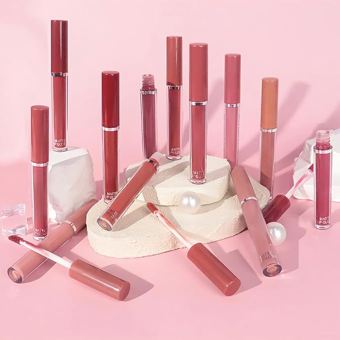 evpct 12Pcs Matte Liquid Lipstick Set, Plum Mauve Maroon Wine Burgundy Red Waterproof Long Lasting Lipstick for Women,Lip Stain Lip Gloss Set Lip kit, 24 Hours Original Smudge Proof labial