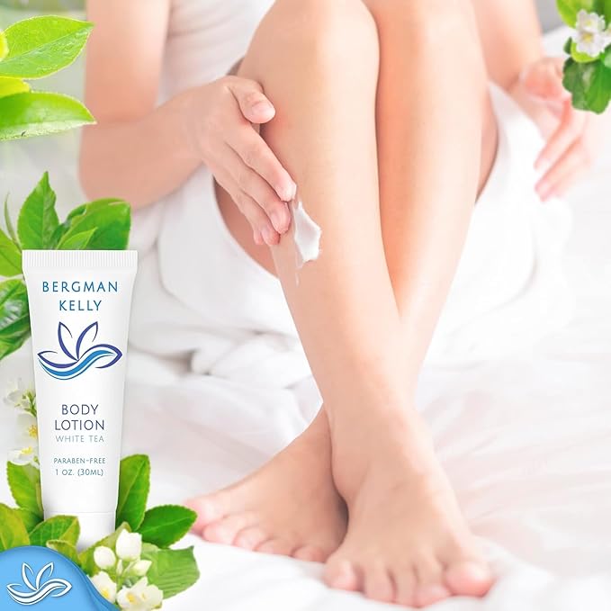 Bergman Kelly - Hotel Toiletries Bundle - White Tea, 1 oz each, 125 Pieces - 5-Piece Set: 25 each Round Bar Soap, Shampoo, Conditioner, Body Lotion & Body Wash - Bulk Mini Guest Amenities