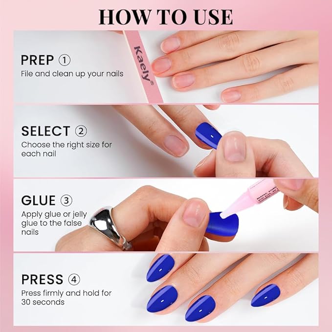 evpct Glossy Press on Nails Short Almond Short for Women, Royal Blue Fake Nail with Glue Salon Quality Reusable Stick on Nails In 15 Sizes 30Pcs Full Cover False Nail Soft Gel Set Kit for Gift, 25