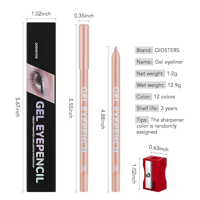 Apricot Pink Shimmer Gel Eyeliner Pencil, Multi-Use Waterline Eyeliner with Sharpener, Sharpenable Eye Liner Waterproof Smudge Proof, High Pigmented Eye Makeup Liners, Vegan & Cruelty-Free 06