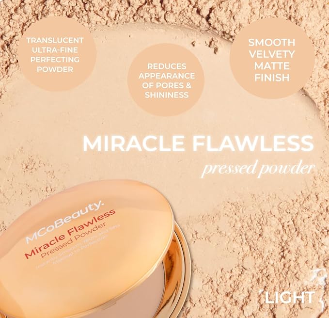 MCoBeauty - Miracle Flawless Pressed Powder - 1 Light Shade - Compact Setting Powder with Rose Flower Extract and Sweet Almond Oil - Helps Finish and Refine the Look of Makeup
