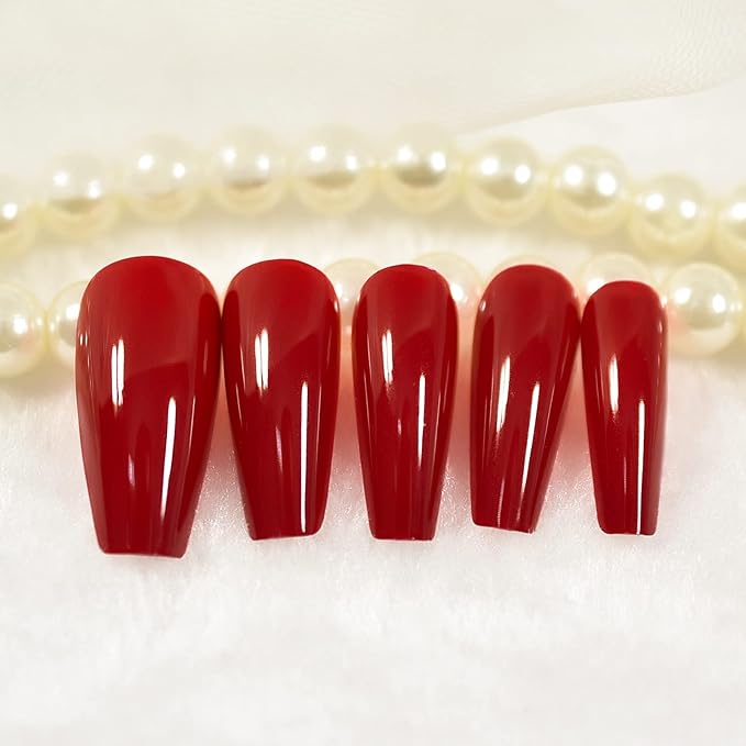 Glossy Red Press on Nails Long Coffin False Nails Faux Ongles Reusable Solid Color Nail Art Tips Salon DIY Manicure Acrylic Fake Nails Gifts for Women Girls