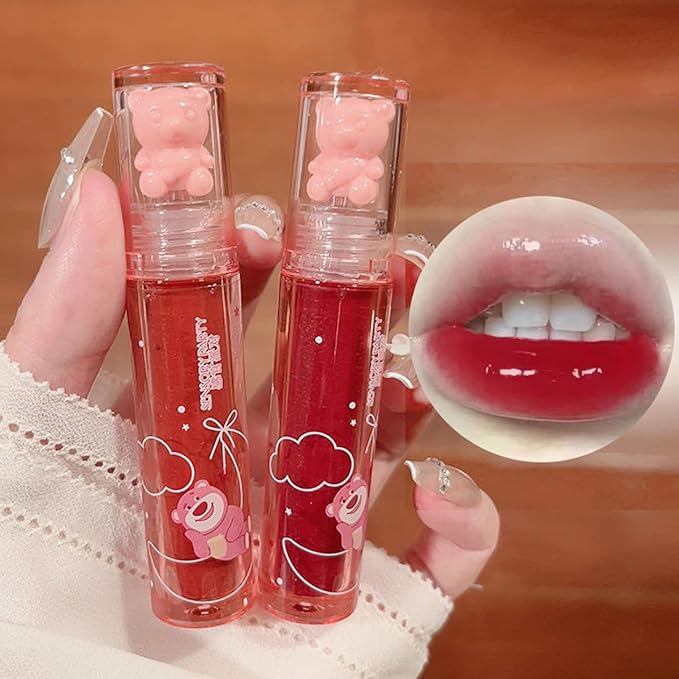 3 Colors Bear Lip Gloss,Jelly Lip Glaze,Cute Liquid Lipstick Bear Lip Stain Watery Lipgloss Plumping Lip Tint Moisturizing Waterproof Long Lasting for Lip and Cheek
