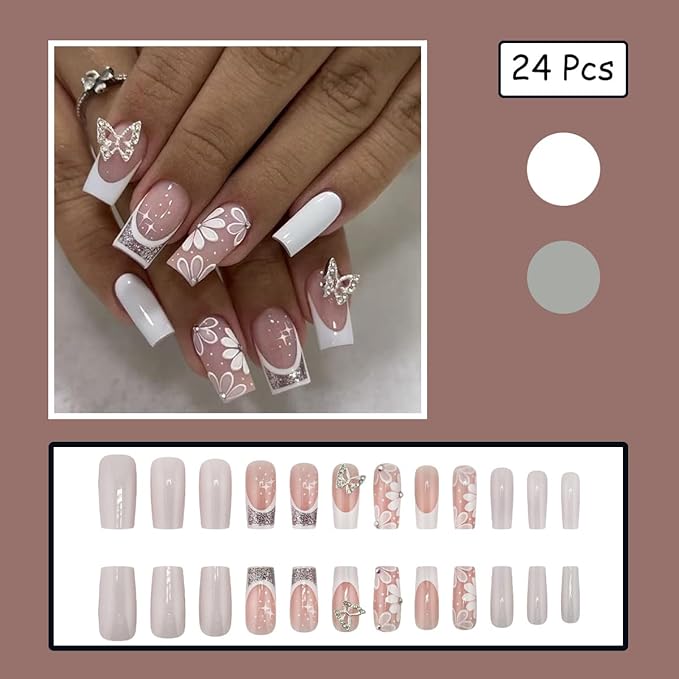 24Pcs White French Tip Press on Nails Medium Square Nails Spring Flower Fake Nails with Butterfly Designs White Floral Acrylic Nails Solid Color False Nails Silver Glitter Stick on Nails for Women