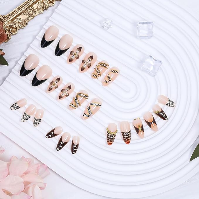 Fall Almond Press on Nails Medium French Tip Fake Nails Luxury Gold Beads Glue on Nail Brown Handmade Acrylic Nails Autumn Flower False Nail Leopard Print Tip Stiletto Stick on Nail for Women 24Pcs