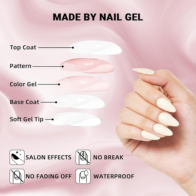 WOOYAS Press on Nails Medium - Creme Light Yellow Almond Fake Nails Solid Color Glossy False Fingernails in 15 Sizes, Long Stick on Nails for Women - 24Pcs