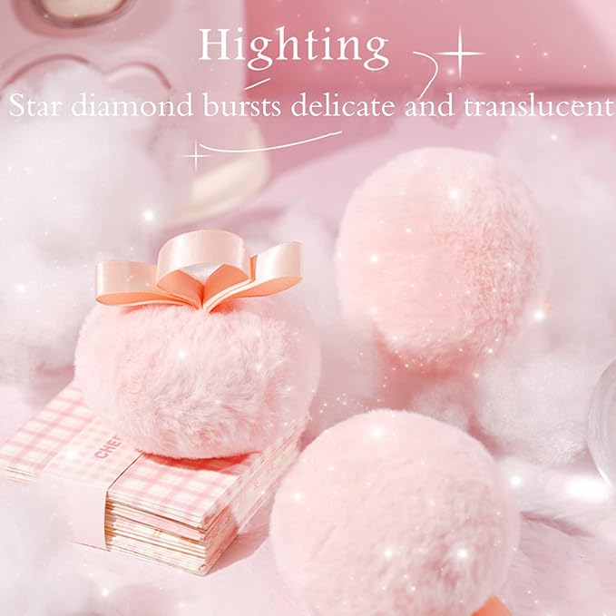 Highlighter Makeup Powder,Body Glitter Face Highlighter Peach Shimmer Powder Ball Puff,Multi-Use Face Highlighter Diamond Shimmer Makeup Powder Puff Patting Glitter Contour and Highlighter