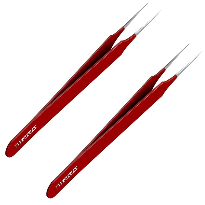 Ingrown Hair Tweezers | Pointed Tip | Red | 2 Pack | Precision Stainless Steel | Extra Sharp and Perfectly Aligned for Ingrown Hair Treatment & Splinter Removal For Men and Women | By Tweezees