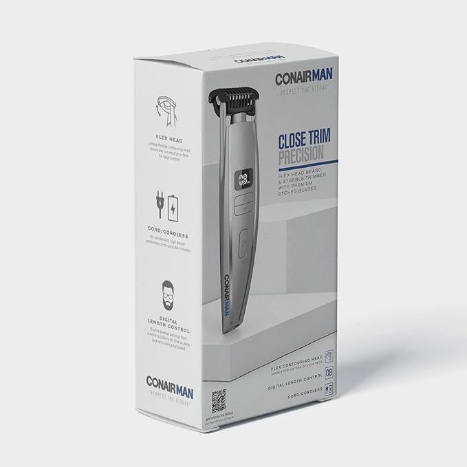 ConairMAN Beard Trimmer for Men, for Face and Mustache, Wet/Dry Beard and Stubble Trimmer, Flex Contouring Head with 15 Precise Settings and Premium