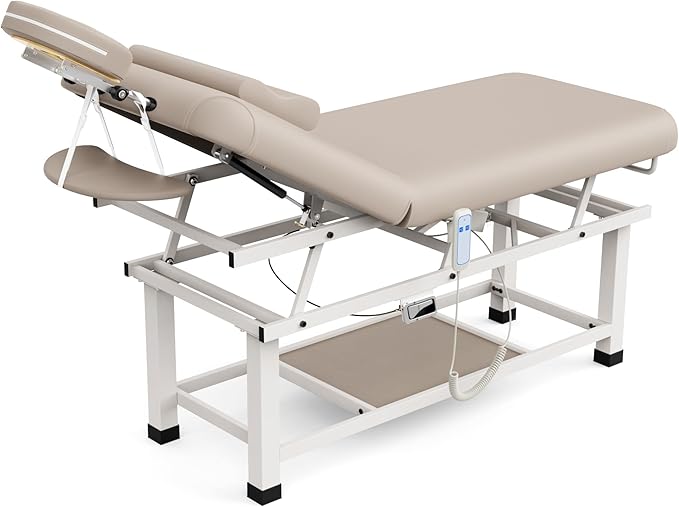 pouseayar Heavy Duty Electric Stationary Massage Table with Backrest Adjustable and Storage Space for Treatment/Medical Spa/Facial/Beauty/Massage Bed and More - 30 x 75 - Beige Gray