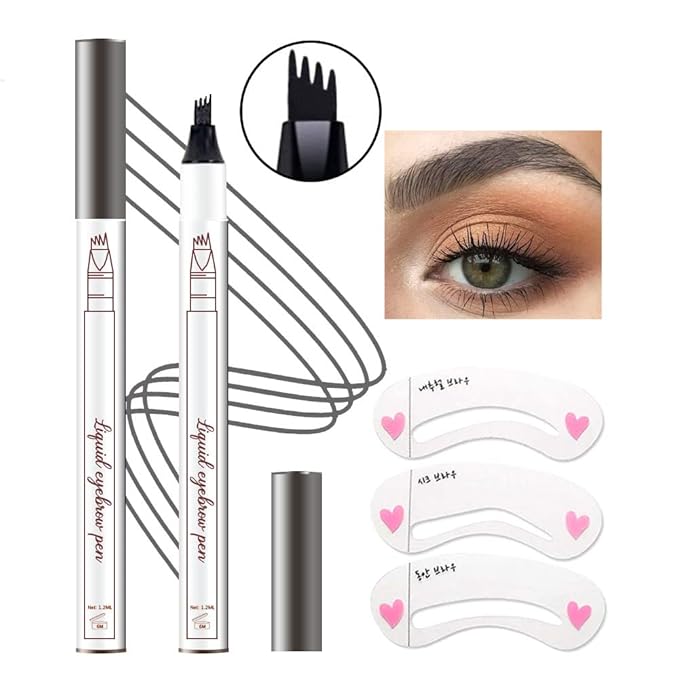 2 Pcs/Set Eyebrow Ink Pencil by Brow Stylist -Micro 4 Point Brow Pen Lift & Snatch Eyebrow Pen Kits with 3 Eyebrow Stencil Long-Lasting Waterproof Natural Eyebrow Hair (3# dark grey)