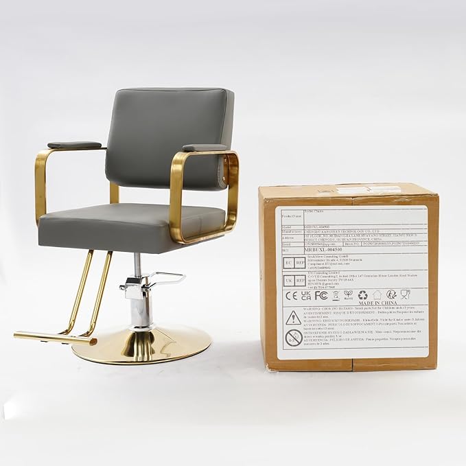 Artist Hand Salon Chair for Hair Stylist, 360° Swivel Hydraulic Barber Chair Barber Styling Chair Tattoo Chair Salon & Spa Chairs for Hair Stylist Women Man, Max Load Weight 440 Lbs (Grey+Gold)