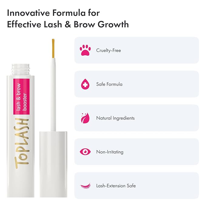 TOPLASH Eyelash Growth Serum - Innovative Formula for Longer, Thicker, Fuller Brows & Lashes - Natural, Cruelty-Free & Hypoallergenic - 0.10 fl.oz.