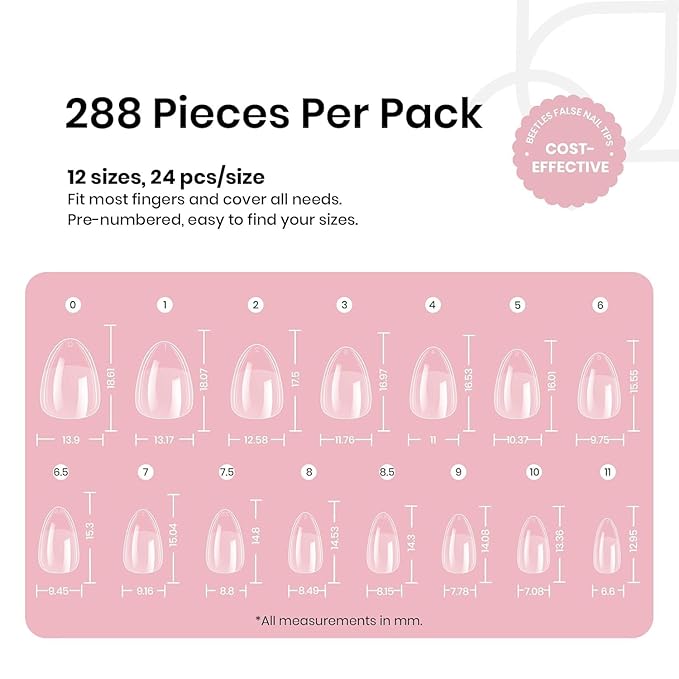 Beetles Extra Short Almond Nail Tips, 12 Sizes 288 PCS Pre-Shaped Clear Full Cover Etch Gel Nail Tips Clear Acrylic Press on Nails Extension for Girls Women Nail Art Design, Nail Glue Needed