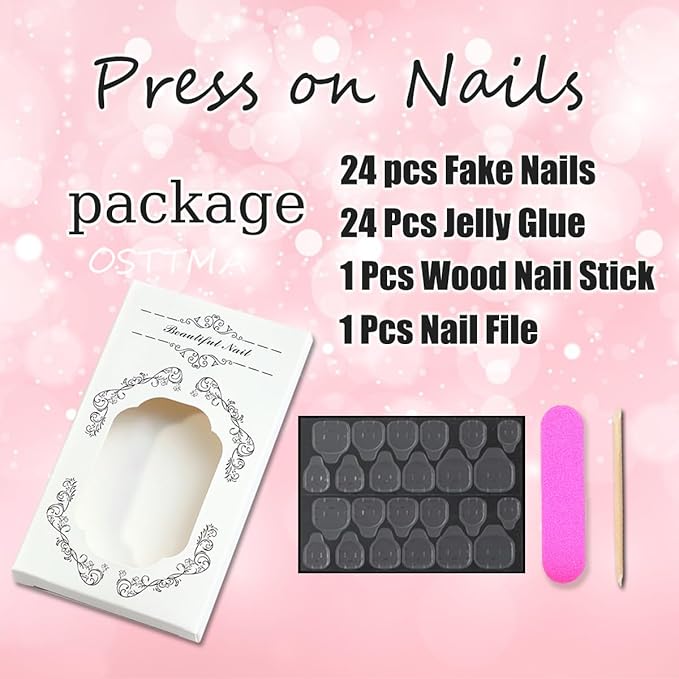 24Pcs Almond Press on Nails Medium 3D Flower Fake Nails Cute Rabbit False Nails Tulip Strawberry Bow Glue on Nail Full Cover Spring Summer Acrylic Artificial Nails for Women Manicure Decoration