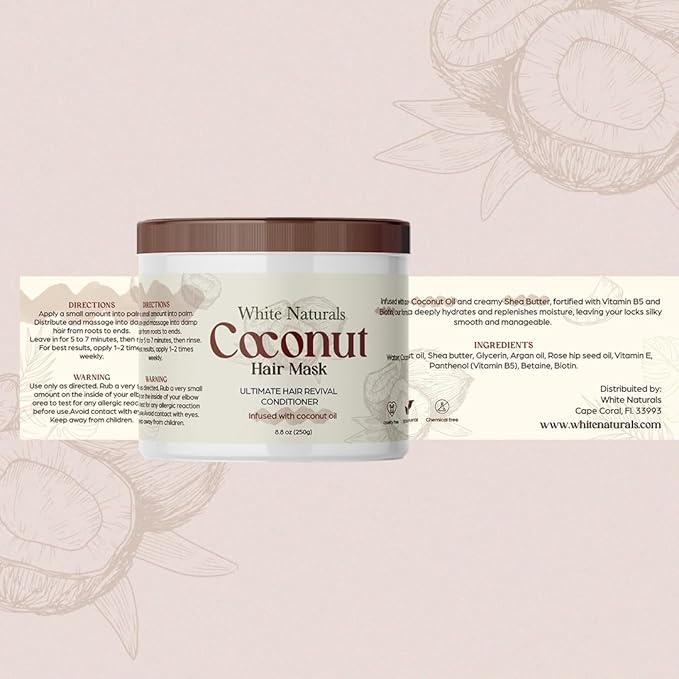Organic Coconut Hair Mask for Hair Growth and Volume, Moisturizing and Deep Conditioning Mask For Dry Damaged Hair, Hair Tchicking Treatment Cream Mask, Fights Breakages and Split Ends