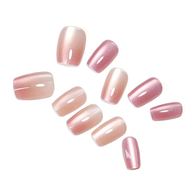 Nude Pink Glossy Press On Nails Short Square - 10PCS Fake Nails with Nail Kit, Reusable Stick On Nails with Glue Tabs for Women Girls, Natural Look Artificial Nails for Daily Wear