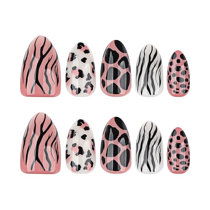 24Pcs Cute Almond Press on Nails Short Fake Nails Tiger Zebra Leopard Print Acrylic Nail Fall Glue on Nails Glossy Full Cover False Nail Autumn Winter Design French Artificial Nail for Women