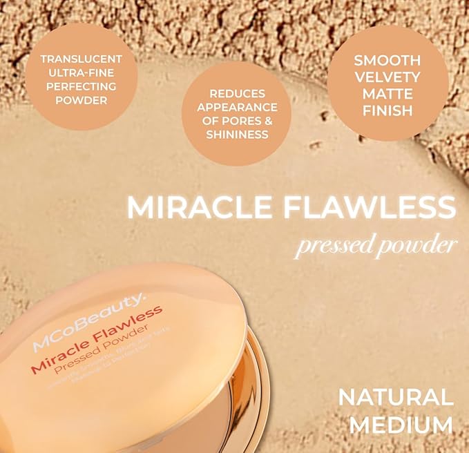 MCoBeauty - Miracle Flawless Pressed Powder - 2 Natural Medium Shade - Compact Setting Powder with Rose Flower Extract and Sweet Almond Oil - Helps Finish and Refine the Look of Makeup