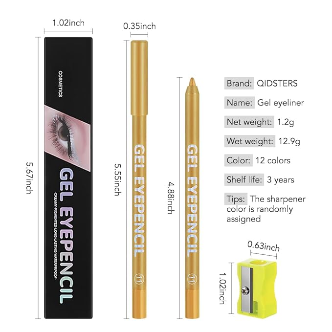 Golden Shimmer Gel Eyeliner Pencil, Multi-Use Waterline Eyeliner with Sharpener, Sharpenable Eye Liner Waterproof Smudge Proof, High Pigmented Eye Makeup Liners, Vegan & Cruelty-Free 11