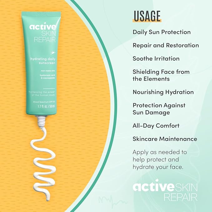 Active Skin Repair SPF 50 Hydrating Daily Sunscreen and Face Moisturizer, Non-Nano Zinc, Non-Toxic Broad Spectrum Protection Hydrating Mineral Facial Sunscreen, 1.7 fl. oz.