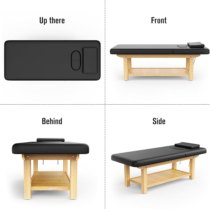 Wooden Massage Bed Adjustable Heavy-Duty Wide Stationary Massage Table for Treatment Physical Therapy Table Professional Stationary Spa Facial Bed, PU Leather, 31.5'' W × 75'' L