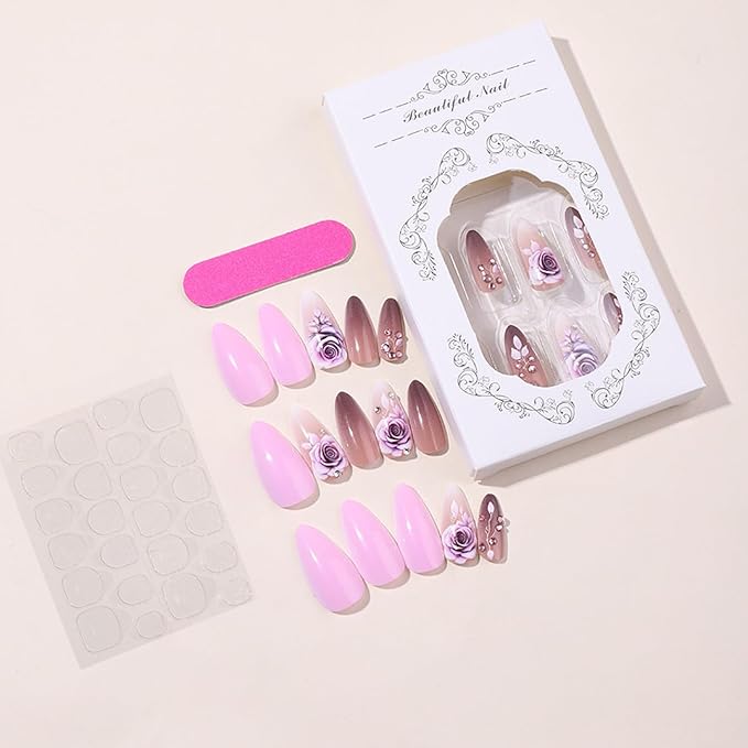 24Pcs Flower Press on Nails with Rhinestone Design False Nails Glossy Glue on Nails Purple Rose Acrylic Medium False Nails Flowers Stick on Nails for Women Nail Art Floral Finger Manicure Decorations