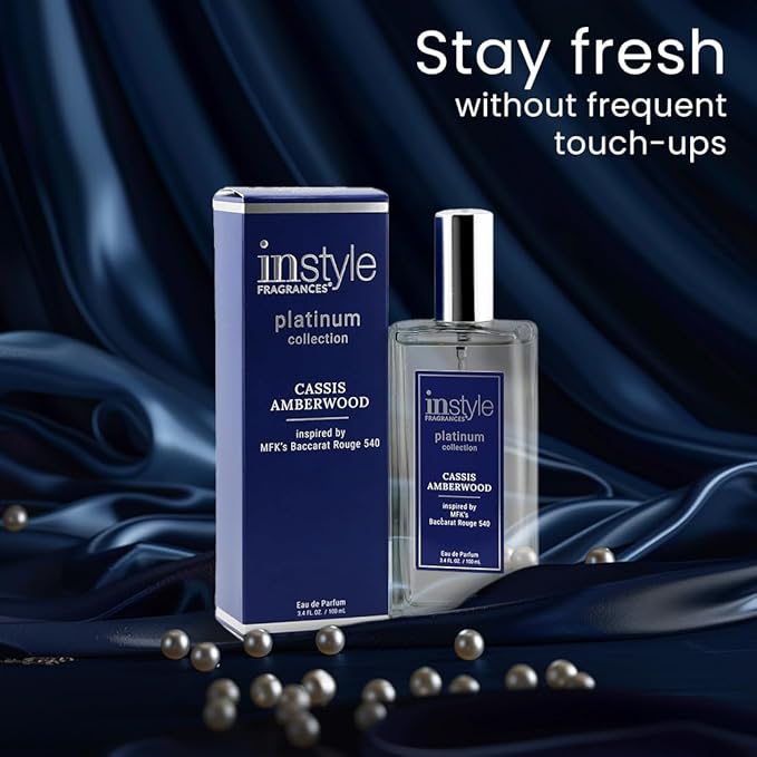 Instyle Fragrances, Platinum Collection, Cassis Amberwood, Inspired by MFK’s Baccarat Rouge 540, Women’s Eau de Parfum, CLEAN, Vegan, Paraben-Free, Never Tested on Animals, 3.4 Fluid Ounces
