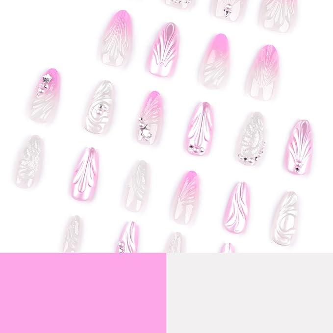 Handmade Almond Shaped Press-On Nails Pink 3D Shell Pearls Medium Long False Nails Crystal Nails Reusable False Nail Kit Glossy Full Cover Glue Nails for Women 24pcs