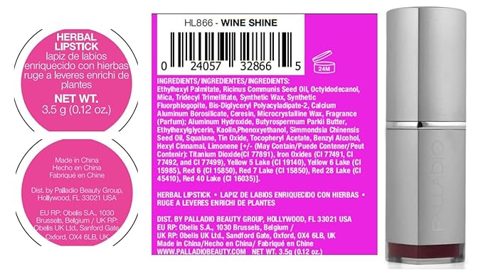 Palladio Herbal Lipstick, Rich Pigmented and Creamy, Infused with Aloe Vera, Chamomile & Ginseng, Prevents Lips from Drying, Combats Fine Lines, Long Lasting Lipstick, Wine Shine
