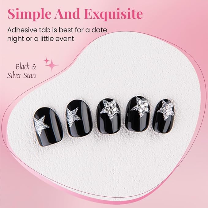 evpct Black Goth Cat Eye Short Press on Nails Oval, Short Oval Glue on Nail for Women Gift, Gothic Silver Star Metallic Glitter Glossy Reusable Spring Summer Gel Press on Acrylic Fake Nail with Design