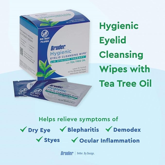 Hygienic Eyelid Cleansing Wipes with Tea Tree Oil l Relief from Demodex l Pre-Moistened, Rinse-Free Exfoliating Wipes Remove Excess Oil and Debris from Eyelids & Lashes l 30 Count Box