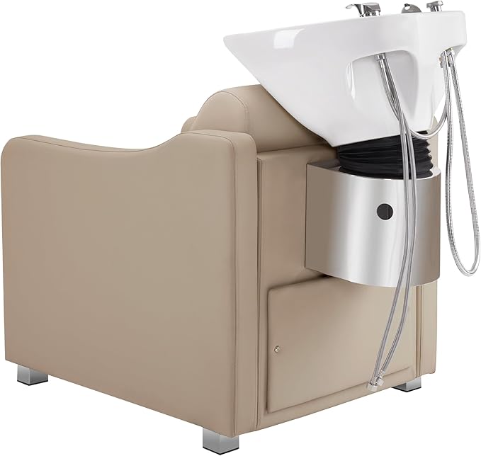 BarberPub Backwash Shampoo Station Chair, Adjustable Porcelain Ceramic Hair Wash Bowl with Chair, Shampoo Station for Barber Shop, Spa Beauty Salon Equipment 9364 (Creamy White)