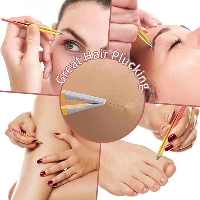 TsMADDTs 7PCS Tweezers Set for Women Facial Hair, Precision Tweezer for Eyebrows with Curved Scissor and Eyebrow Razor for Ingrown Hair, Pink&Yellow